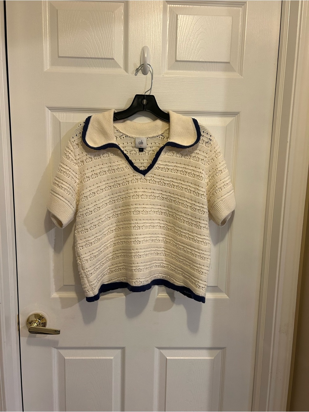 CAbi Cream Loom Pullover with Navy Trim - Picture 7 of 12